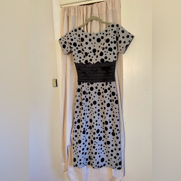 Black Grey Polk A Dot Retro Pinup Pencil Dress Bird Cage Hat Halloween Costume - Picture 3 of 16